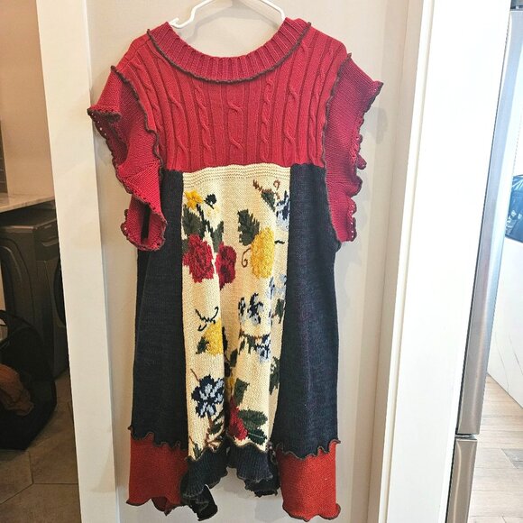 Vintage upcycled Floral Patchwork Tunic Sweater Dress Ruffles Asymmetrical 2xl - Picture 2 of 5